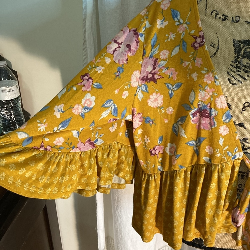 XHILERATION XXL Floral Mustard Yellow Kimono Cardigan - Picture 3 of 5